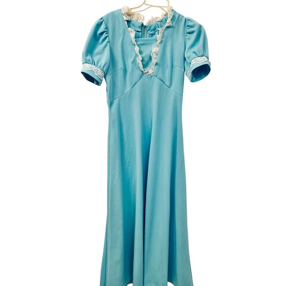 Unbranded Dresses & Skirts - Vintage 70s Maxi Prom Dress ⭐️ Hand-Sewn Pastel Blue Lace Polyester ⭐️ Medium